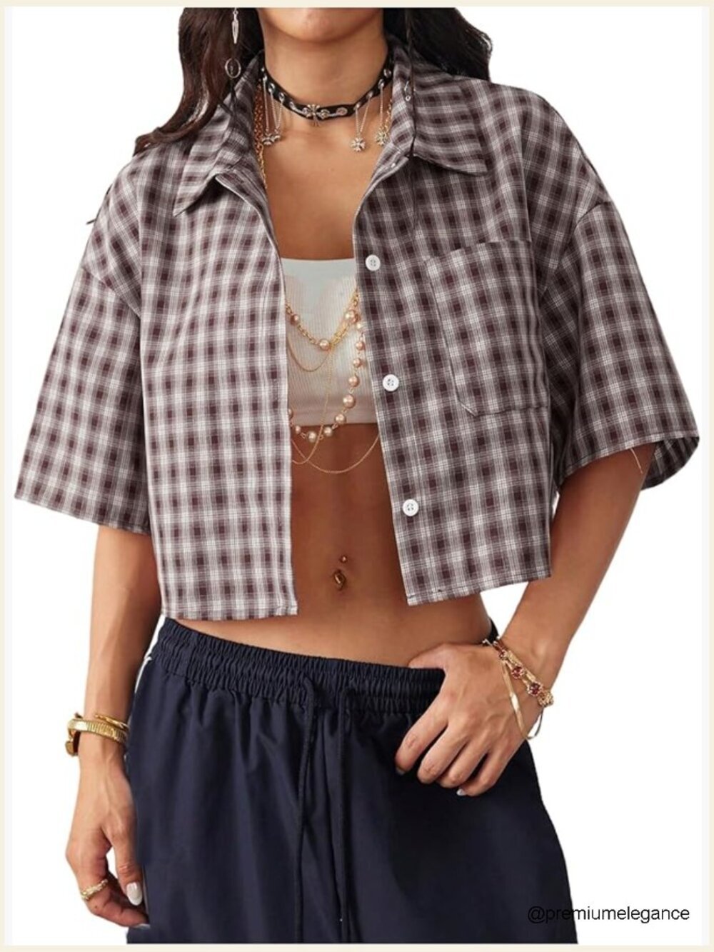 Vintage Plaid Button Down Crop Blouse Short Sleeve Preppy Top